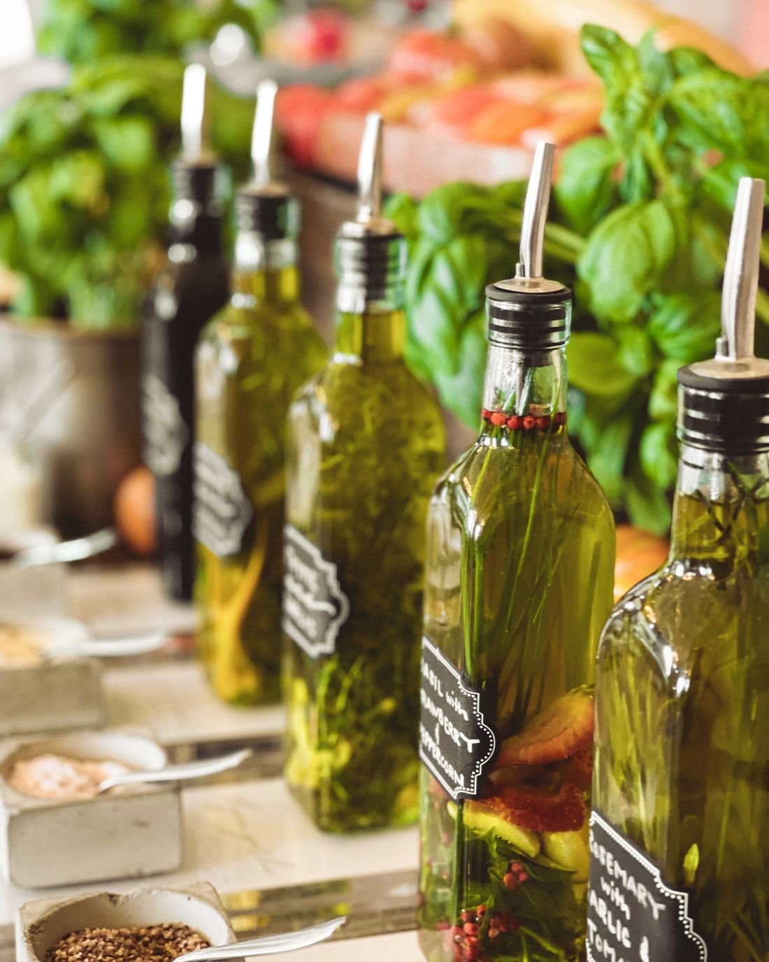 Close-up of cooking oil bottles
