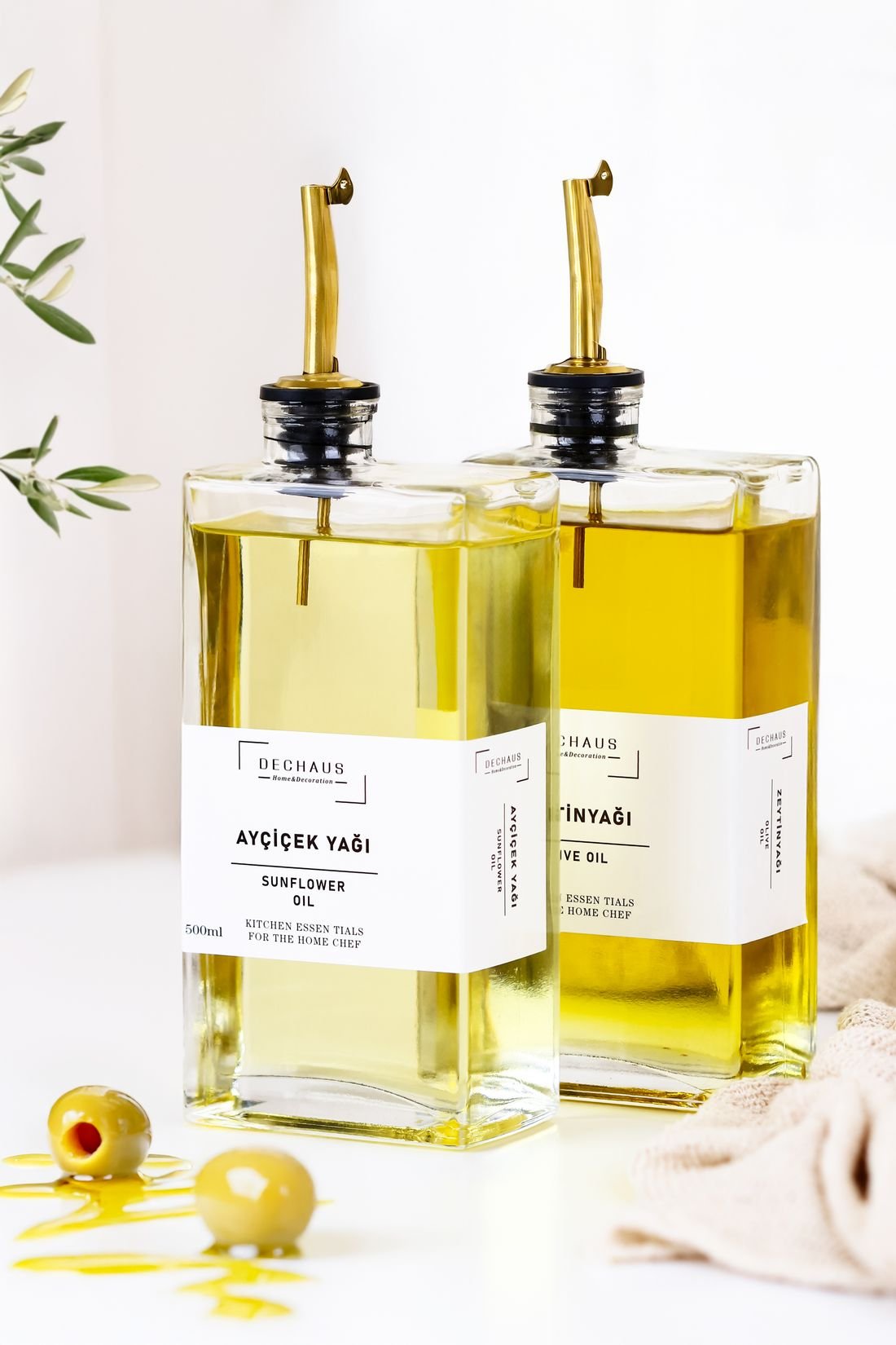 Golden sunflower oil in glass bottles